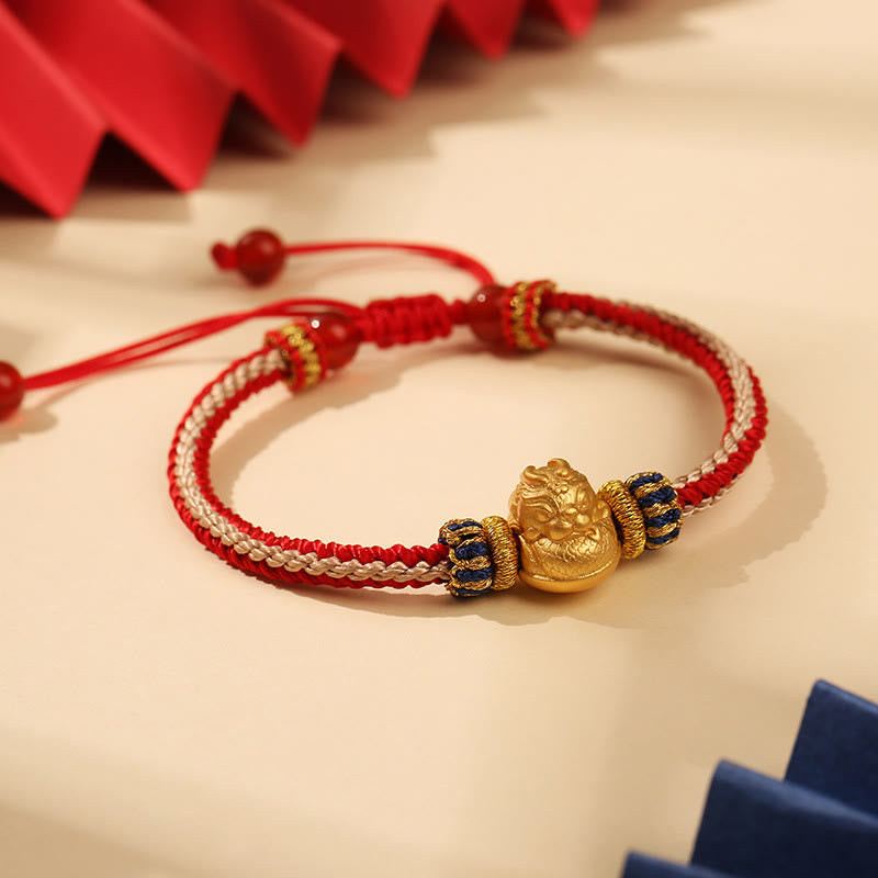 Pulsera trenzada hecha a mano con Buddha Stones de plata de ley 925 con dragón bebé, fuerza de la suerte