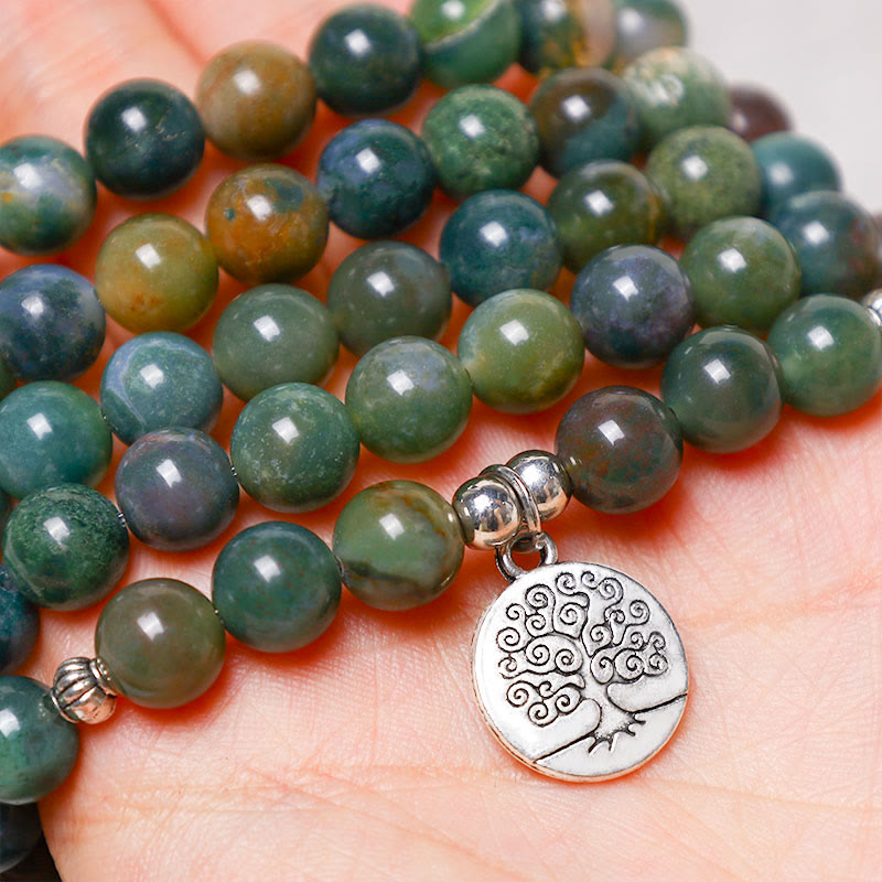 Buddha Stones 108 cuentas de Mala ágata india loto OM Buda Árbol de la vida pulsera de calma positiva