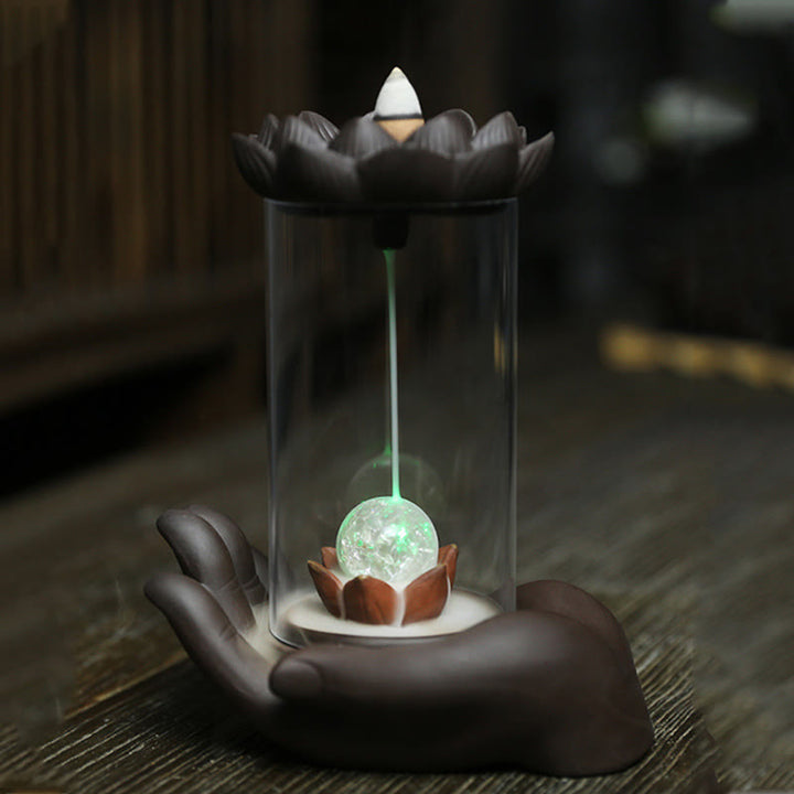 Buddha Stones, mano de Buda, iluminación de loto, luz LED, decoración de quemador de incienso de cerámica de arcilla púrpura