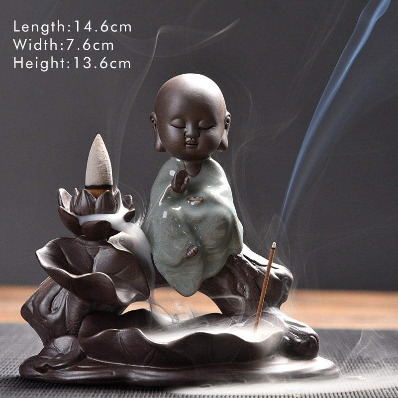 Quemador de incienso con bendición de loto de cerámica, Buddha Stones , pequeño monje, decoración