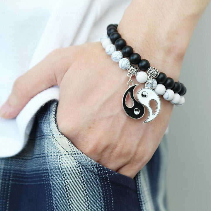 Buddha Stones 2 uds. Pulsera de pareja Yin Yang con cuentas de turquesa blanca y ónix negro Natural