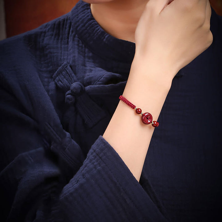 Pulsera de cuerda de bendición con hebilla de paz de cinabrio natural con Buddha Stones