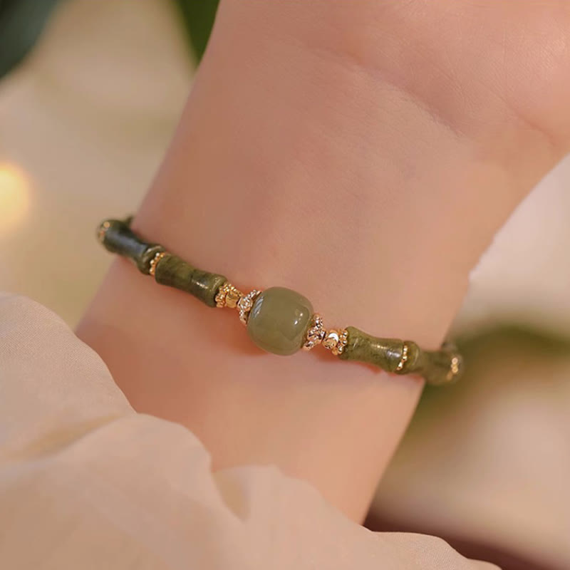 Pulsera de la suerte con patrón de bambú de jade hetiano, peridoto chapado en cobre de 14 quilates con Buddha Stones