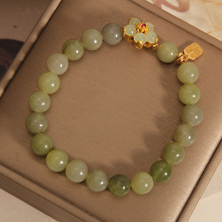Pulsera de la suerte con dije de personaje Fu de flor de jade verde con Buddha Stones