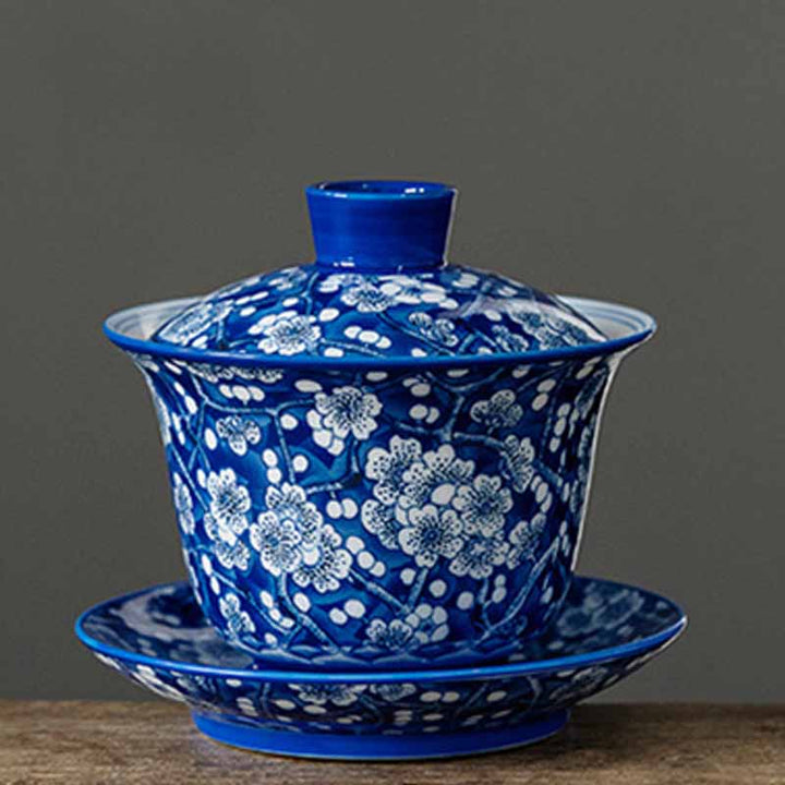 Taza de té de cerámica Gaiwan Sancai, taza de té de Kung Fu y platillo con tapa, Buddha Stones, flor de ciruelo, porcelana azul y blanca, 185ml