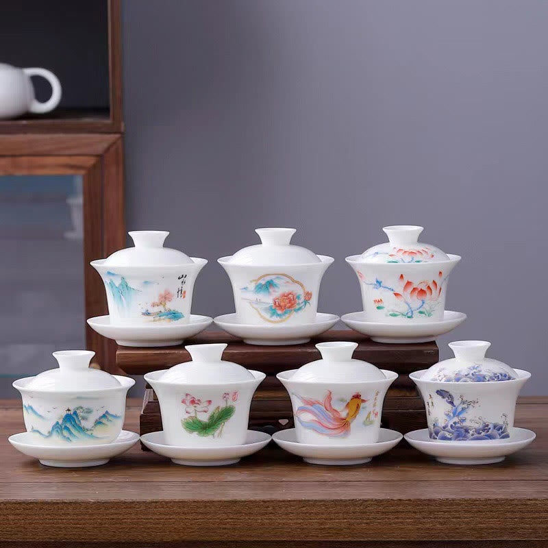 Taza de té y platillo con tapa, porcelana blanca, paisaje de montaña, campo, cerámica, Gaiwan, Kung Fu , Buddha Stones
