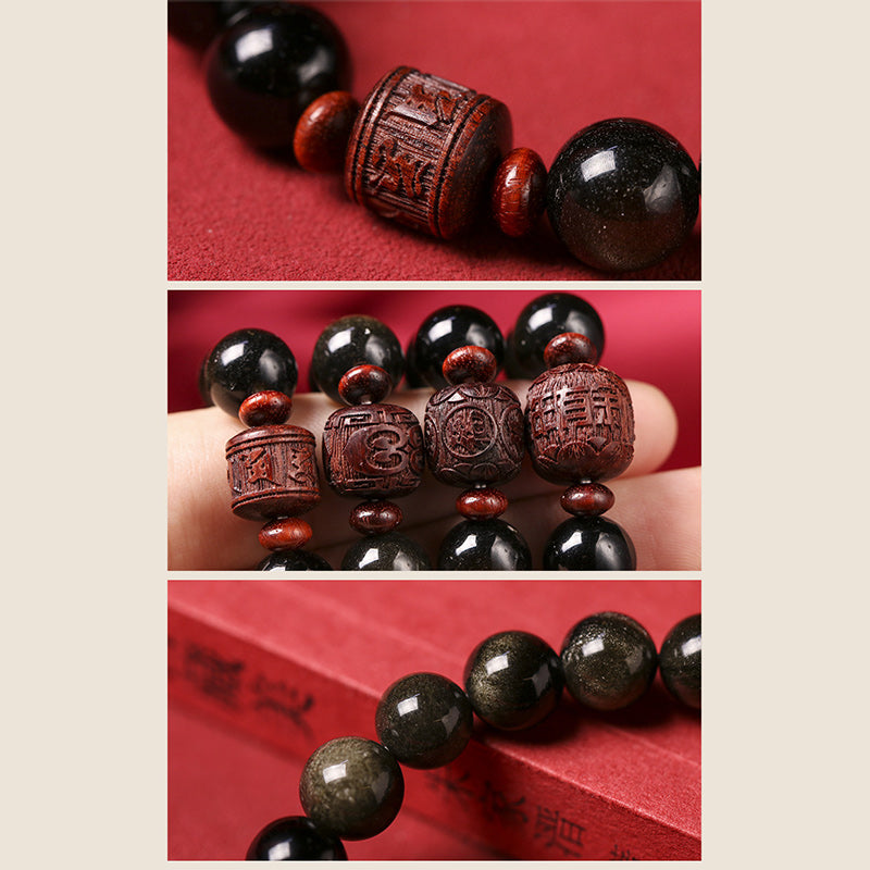 Pulsera curativa con carácter de obsidiana arcoíris de obsidiana con brillo de oro natural con Buddha Stones Om Mani Padme Hum Fu