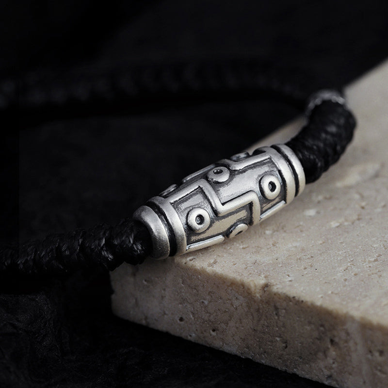 Pulsera de cuerda de bendición con patrón de cuentas Dzi de nueve ojos de plata de ley 999 con Buddha Stones