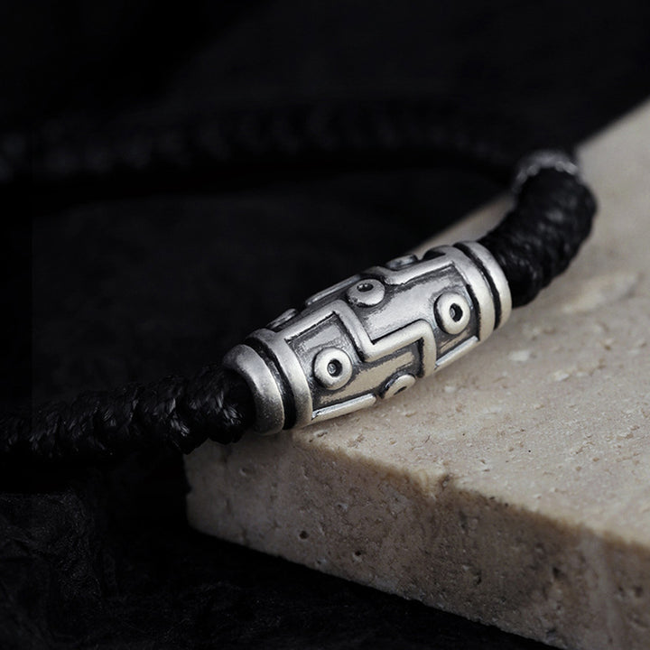 Pulsera de cuerda de bendición con patrón de cuentas Dzi de nueve ojos de plata de ley 999 con Buddha Stones