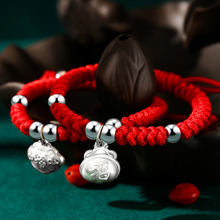 Buddha Stones Plata de ley 925 Hecha a mano Personaje Fu Bolsa de dinero de la suerte Candado chino Campana Loto Moneda de cobre Nudo King Kong Pulsera trenzada para niños