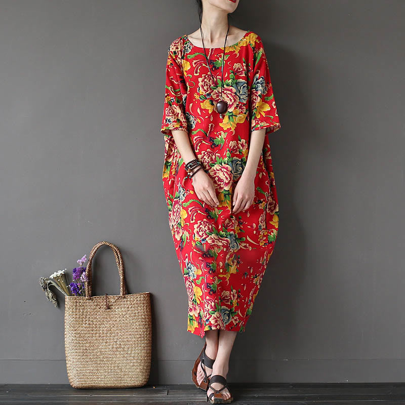 Vestido midi con estampado de flores de peonía roja y Buddha Stones Vestido de lino y algodón de media manga