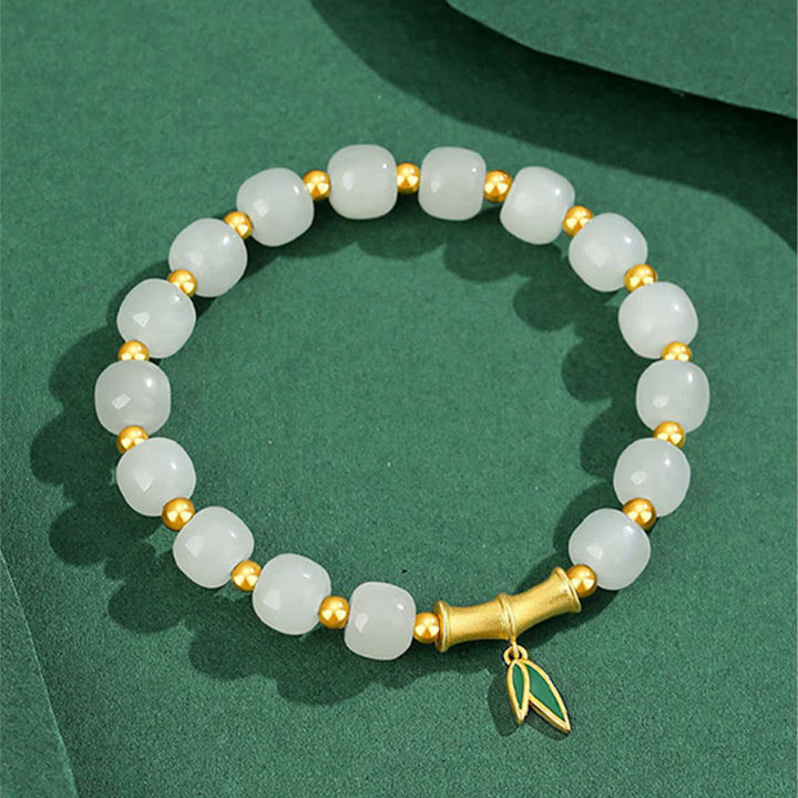 Pulsera de la suerte de bambú de jade blanco hetiano de plata de ley 925 con Buddha Stones
