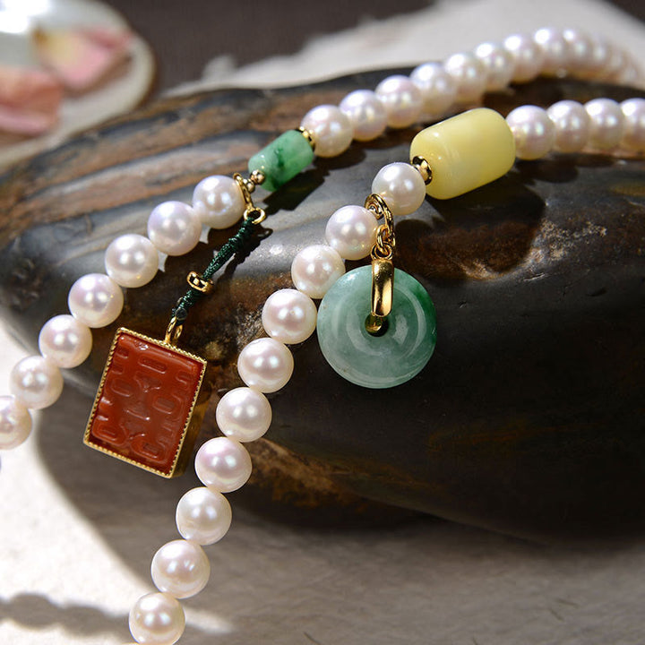 Buddha Stones, Plata de Ley 925, Perla, Jade Hetian, ágata roja, doble felicidad, ámbar, suerte, pulsera cuádruple