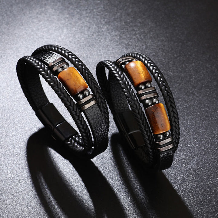 Pulsera de cuero multicapa con hebilla magnética y ojo de tigre con Buddha Stones - image 9
