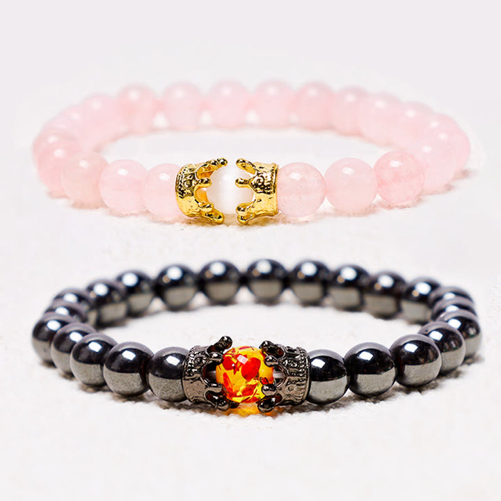 Buddha Stones Piedra Natural Rey y Reina Corona Curativa Cuentas de Energía Pulsera de Pareja