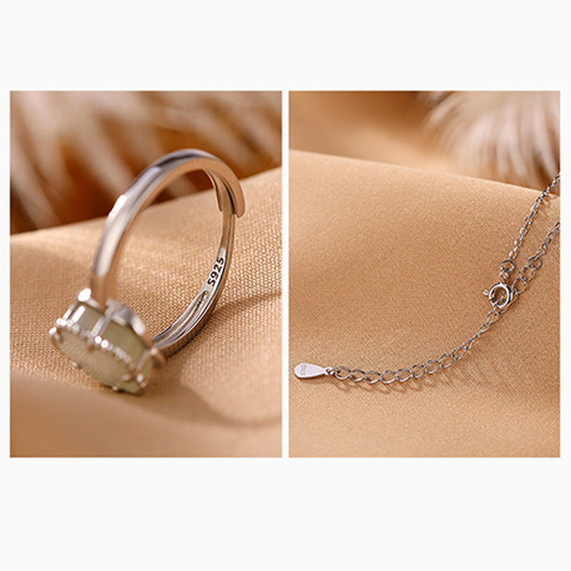 Juego de anillos y collar con colgante de flor de jade hetiano natural chapado en plata de ley 925 con Buddha Stones