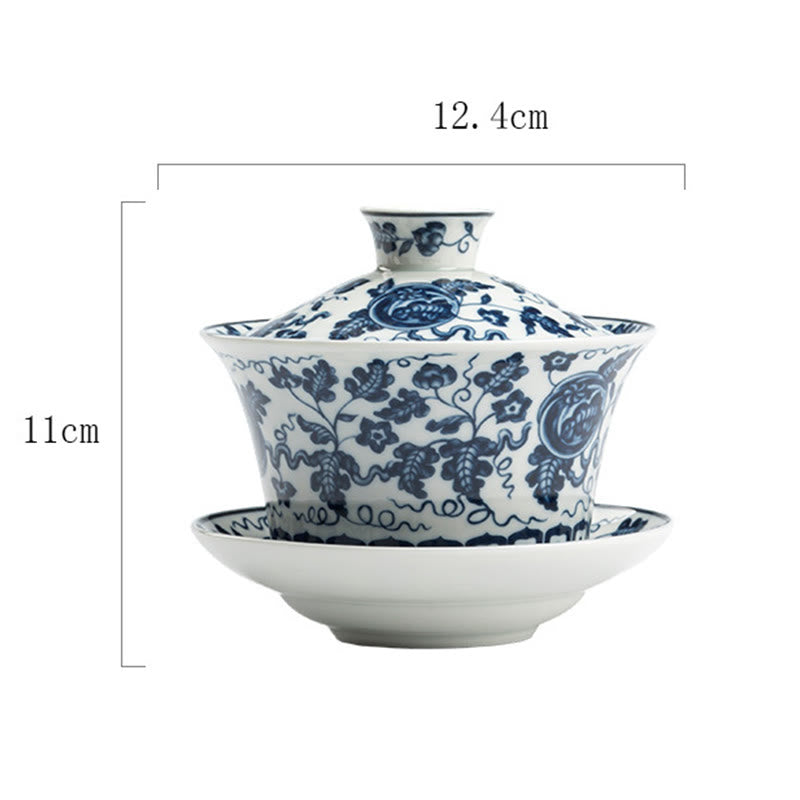 Buddha Stones Porcelana Azul Y Blanca Loto Pez Koi Danza Del León Sandía Cerámica Gaiwan Sancai Taza De Té Kung Fu Taza De Té Y Platillo Con Tapa 300ml