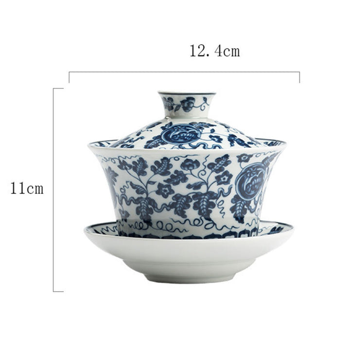 Buddha Stones Porcelana Azul Y Blanca Loto Pez Koi Danza Del León Sandía Cerámica Gaiwan Sancai Taza De Té Kung Fu Taza De Té Y Platillo Con Tapa 300ml