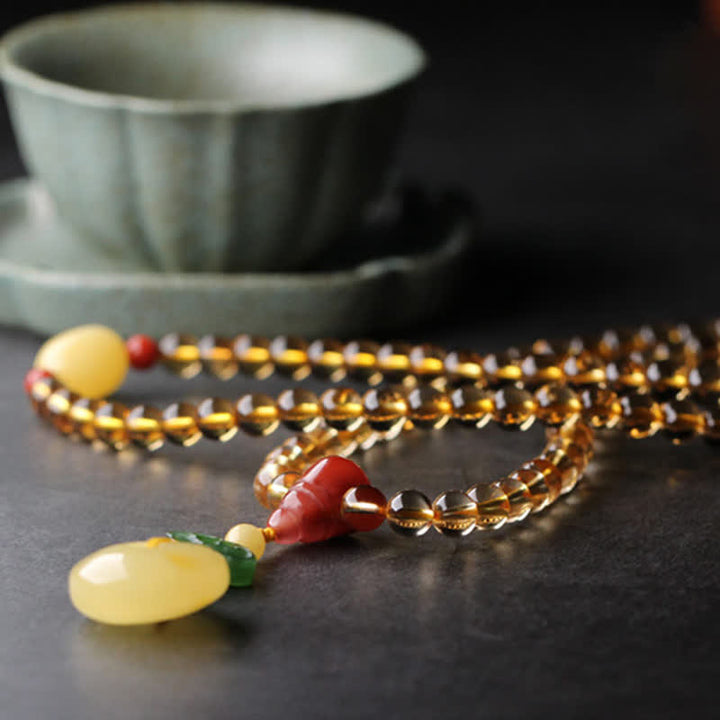108 cuentas de Mala, citrino Natural, ámbar, hebilla de la paz, ágata roja, pulsera de protección PiXiu