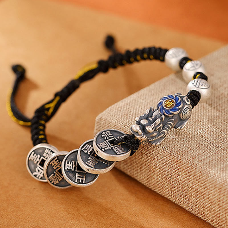 Pulsera trenzada de plata de ley 999 con Buddha Stones FengShui PiXiu, moneda de cobre, personaje Fu, riqueza