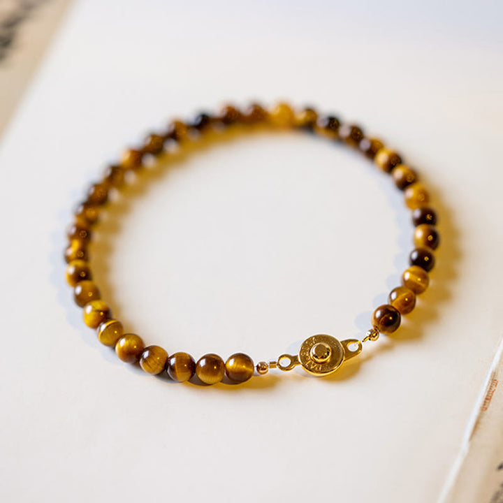 Buddha Stones Pulsera de protección de coraje con piedra de ojo de tigre natural chapada en oro de 14 quilates