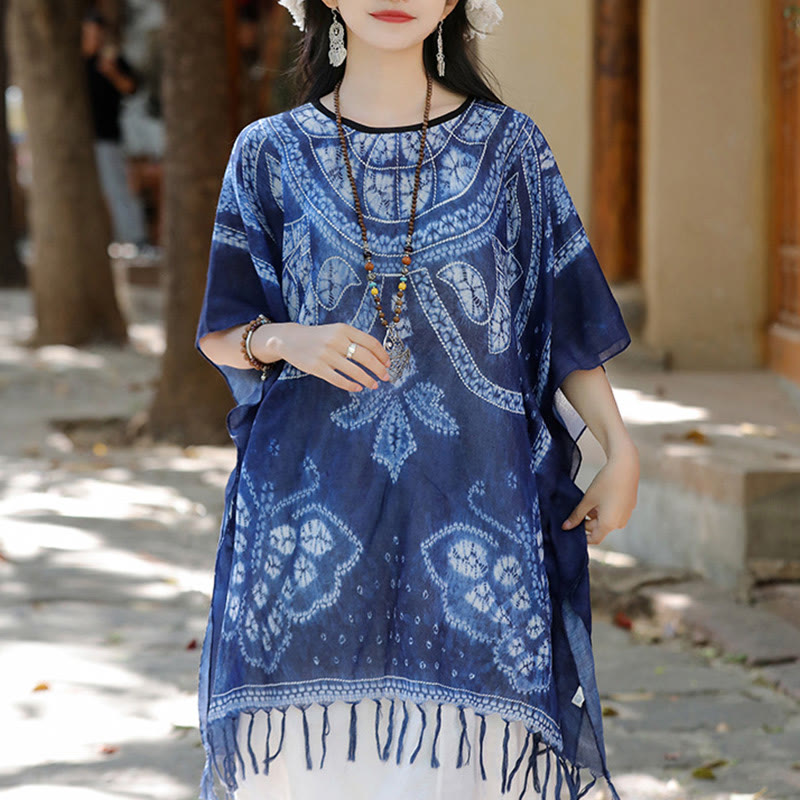 Jersey de viaje acogedor con borlas y chal teñido añil de mariposa azul con Buddha Stones 90*95cm