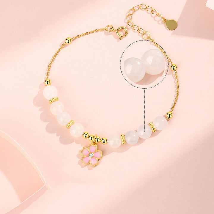 Pulsera de protección de flor de cerezo de jade blanco hetiano de plata de ley 925 con Buddha Stones