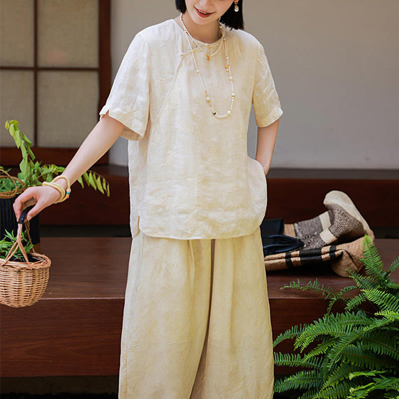 Blusa suelta de lino de ramio con Buddha Stones , camisa de manga corta, Top de estilo chino
