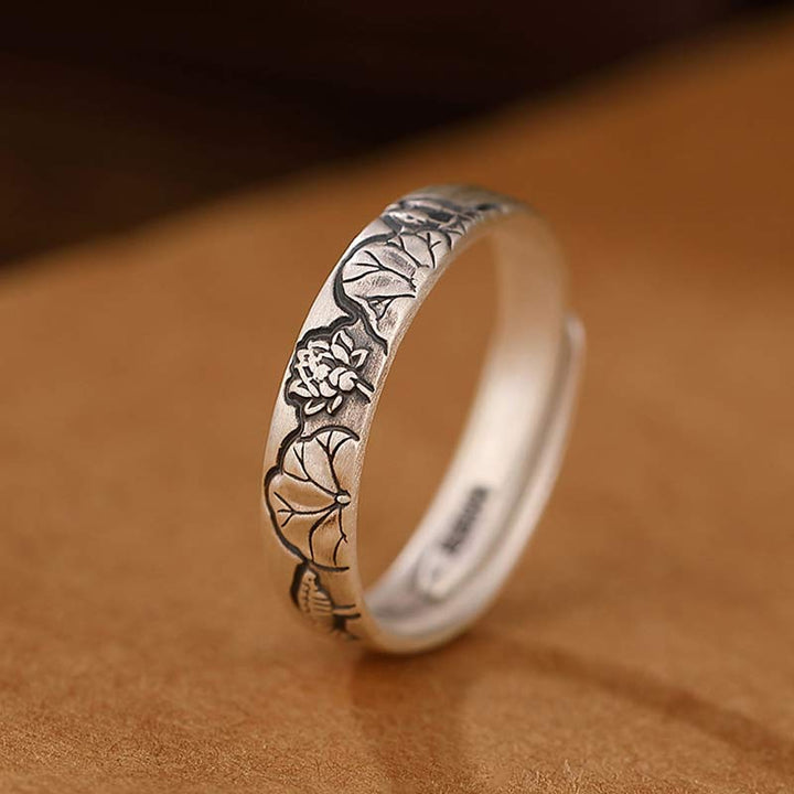 Anillo de iluminación de flor de peonía de loto de plata de ley 999