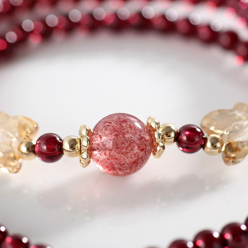 Pulsera de doble vuelta con protección de mariposa, cuarzo fresa, granate natural, chapada en oro de 14 quilates con Buddha Stones