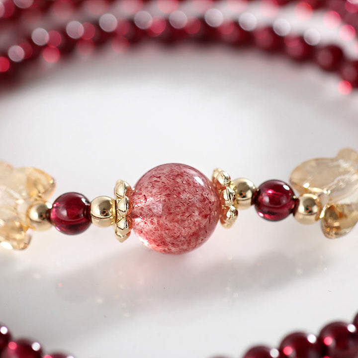 Pulsera de doble vuelta con protección de mariposa, cuarzo fresa, granate natural, chapada en oro de 14 quilates con Buddha Stones