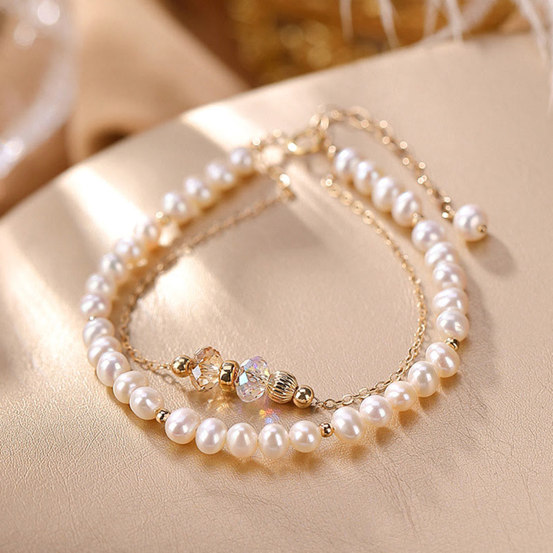 Pulsera de doble capa curativa con cristales de perlas naturales chapada en oro de 14 quilates de plata de ley 925 con Buddha Stones
