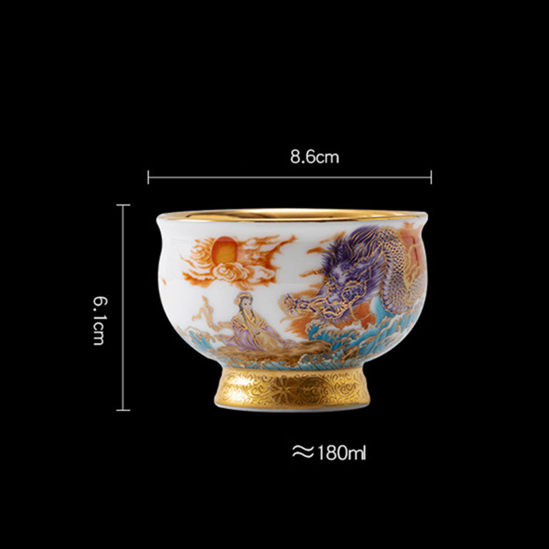 Taza de té de cerámica dorada con Buddha Stones, águila dorada, dragón auspicioso, sol, olas del océano, taza de té de Kung Fu