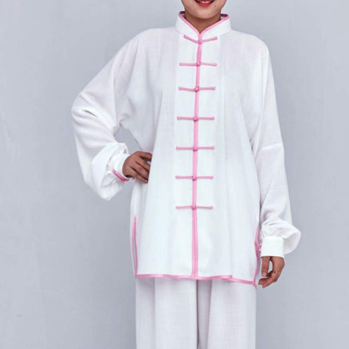 Conjunto de ropa unisex con bordado de Buddha Stones para meditación, oración zen, práctica espiritual de tai chi y qigong - Manga larga blanca con borde rosa - US12, UK/AU16, EU44 (2XL) - image 14