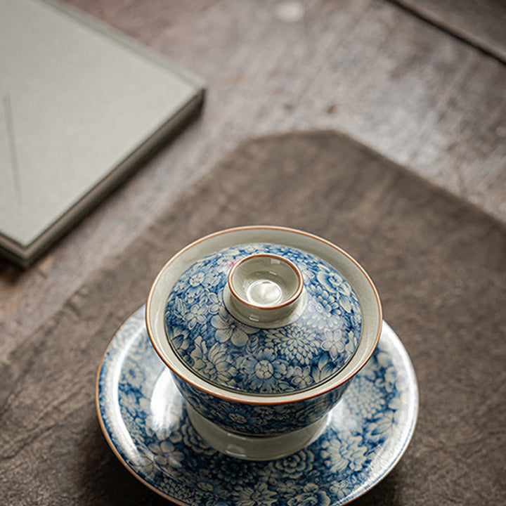 Buddha Stones azul y blanca vintage Flor de durazno Loto Peonía Cerámica Gaiwan Sancai Taza de té Kung Fu Taza de té y platillo con tapa - image 6