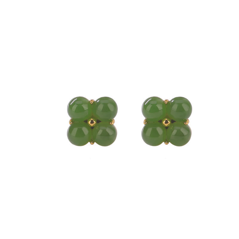 Pendientes de tuerca de la suerte con trébol de cuatro hojas de jade cian natural chapado en plata de ley 925 con Buddha Stones
