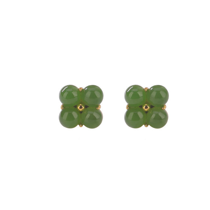 Pendientes de tuerca de la suerte con trébol de cuatro hojas de jade cian natural chapado en plata de ley 925 con Buddha Stones