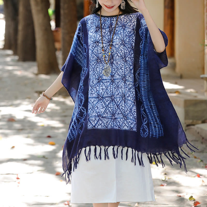 Jersey de viaje con borlas y chal teñido añil con geometría de rayas azules y Buddha Stones , 90x95cm