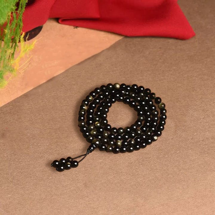 Pulsera de riqueza de obsidiana con brillo de oro natural, cuentas de Mala, 108 Buddha Stones