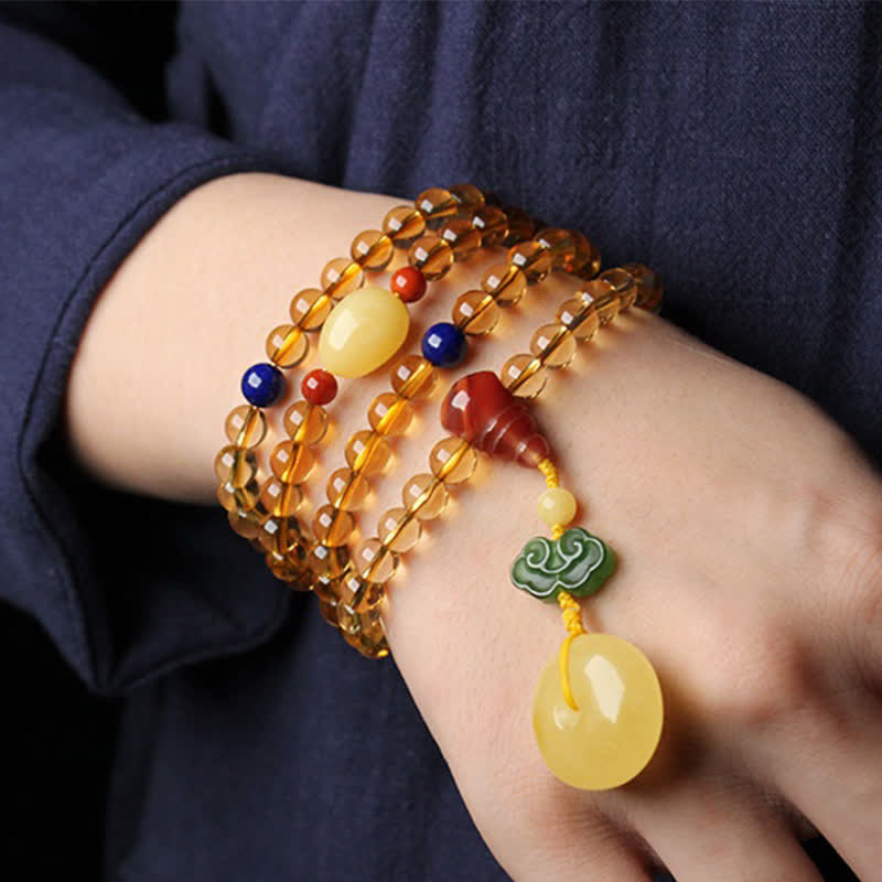108 cuentas de Mala, citrino Natural, ámbar, hebilla de la paz, ágata roja, pulsera de protección PiXiu
