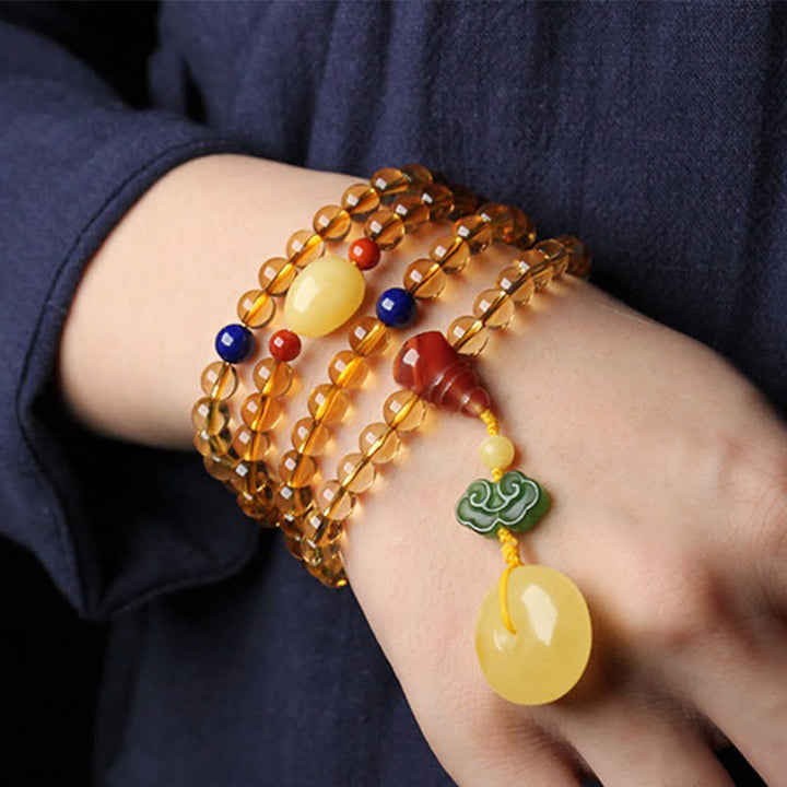 108 cuentas de Mala, citrino Natural, ámbar, hebilla de la paz, ágata roja, pulsera de protección PiXiu