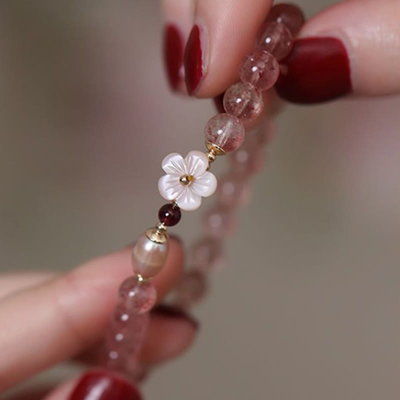 Pulsera de amor con Buddha Stones, cuarzo fresa, flor de melocotón