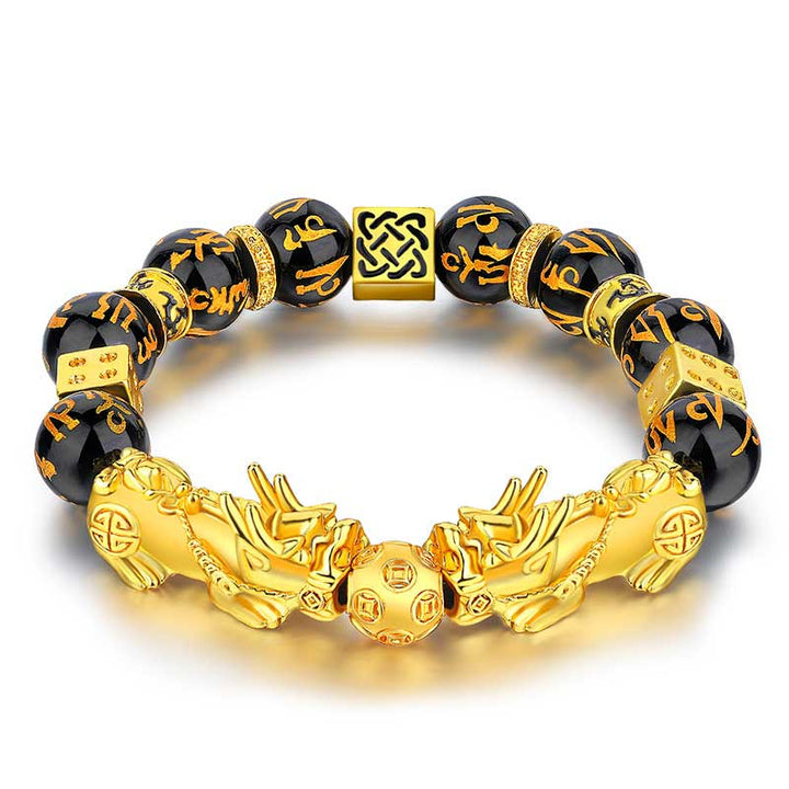 Buddha Stones FengShui Doble PiXiu Obsidiana Om Mani Padme Hum Pulsera de Riqueza