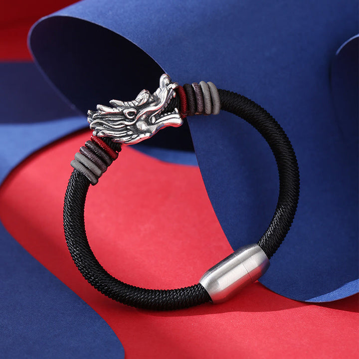 Pulsera trenzada hecha a mano para niños y adultos con diseño de dragón de plata de ley 999 con Buddha Stones
