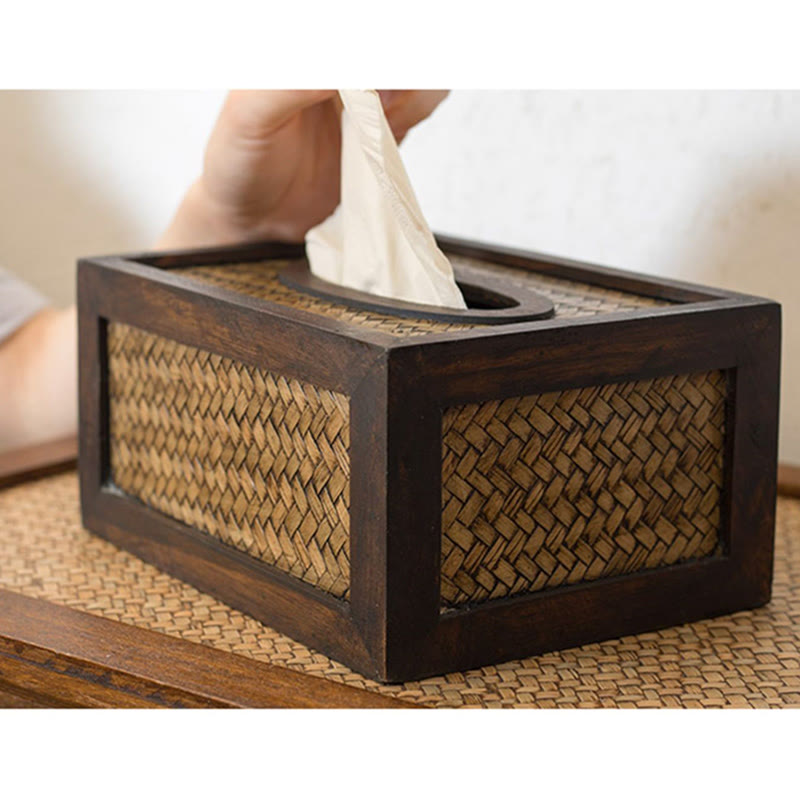 Caja de pañuelos de madera tejida de bambú hecha a mano, soporte de madera para pañuelos, cajas de toallitas, decoración