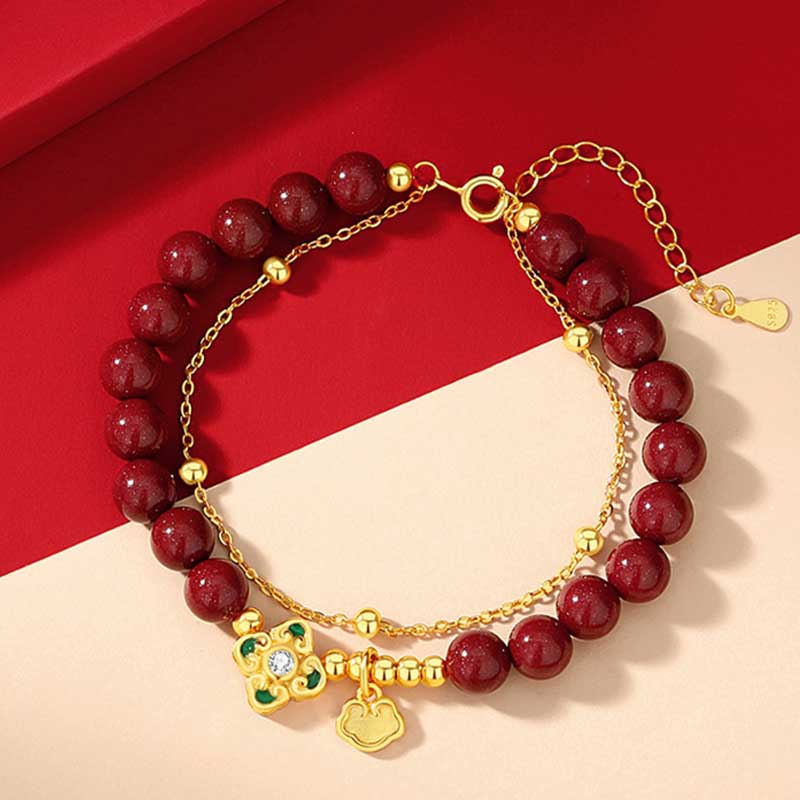 Pulsera de cadena de bendición de flores de trébol de cuatro hojas de cinabrio natural de plata de ley 925 con Buddha Stones