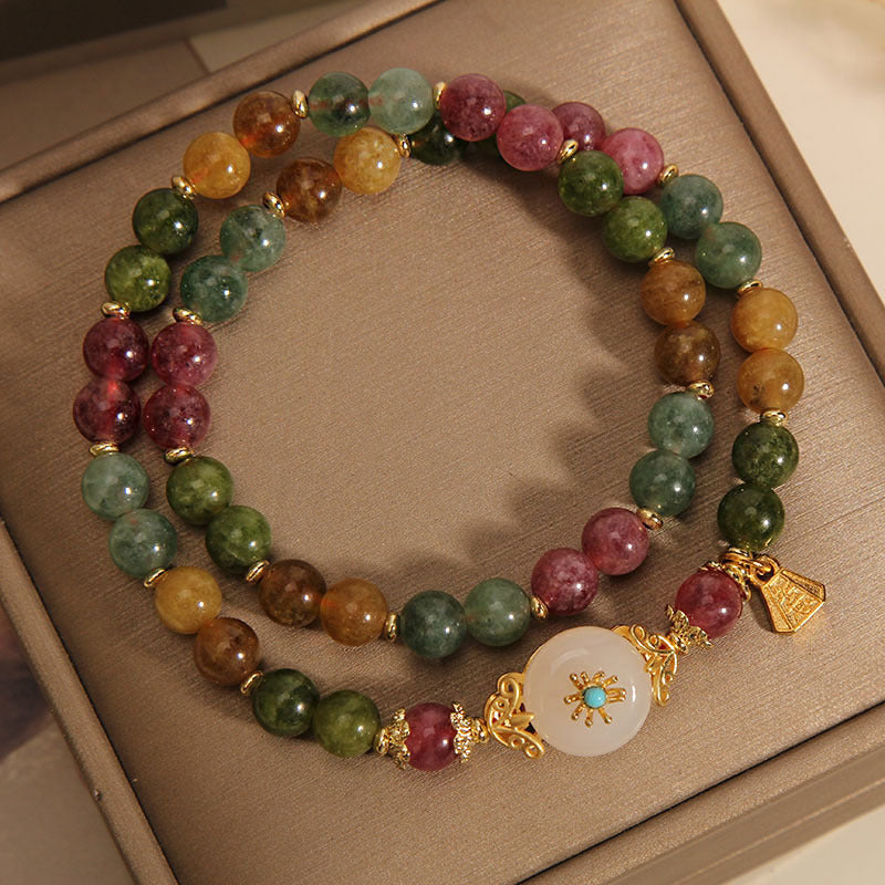 Pulsera de doble vuelta con flor de jade positivo de turmalina multicolor natural de Buddha Stones