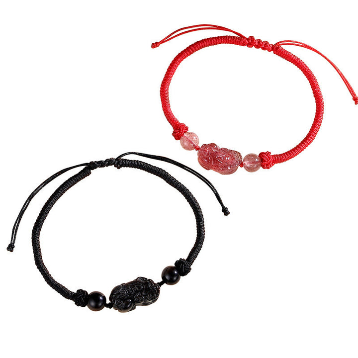 Pulsera trenzada de protección PiXiu de cuarzo fresa obsidiana con brillo de plata Natural hecha a mano con Buddha Stones