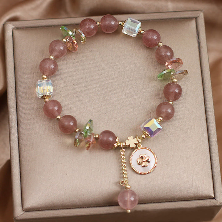Pulsera con dijes curativos de trébol de cuatro hojas de la suerte, cuarzo fresa, Buddha Stones