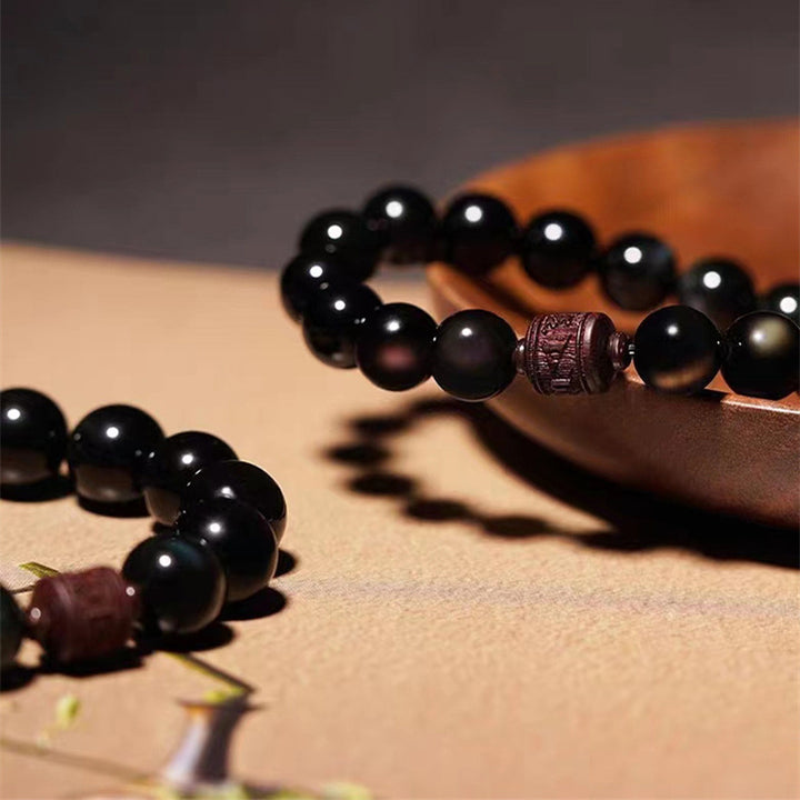 Pulsera curativa con carácter de obsidiana arcoíris de obsidiana con brillo de oro natural con Buddha Stones Om Mani Padme Hum Fu